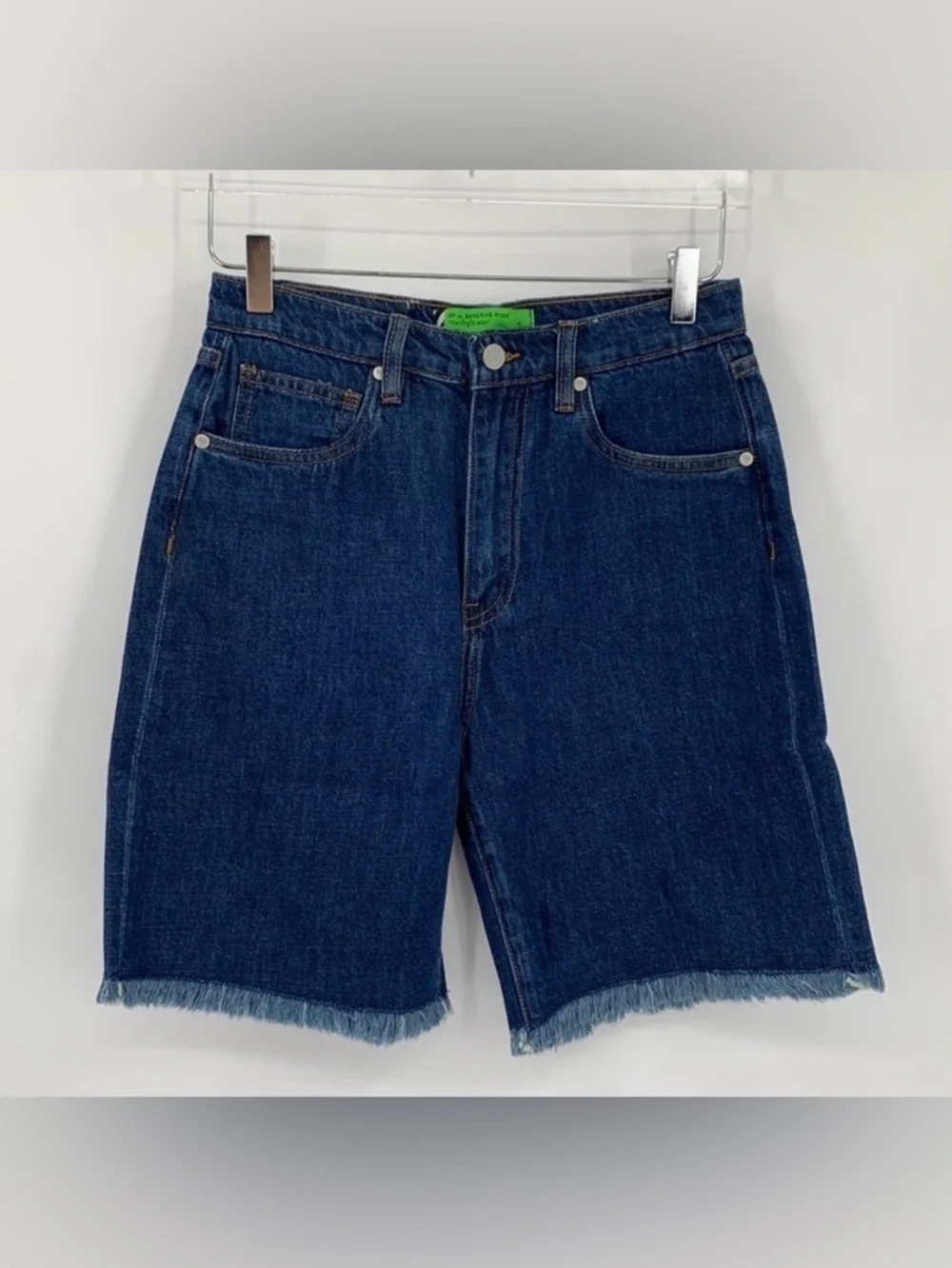 Sandrine Rose cut-off long denim jean shorts dark wash frayed hem blue new 26